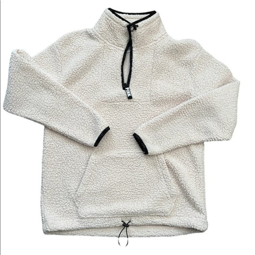 2018 Cream VS PINK Sherpa 1/4 Zip Pullover -GUC sz Small 100% polyester
